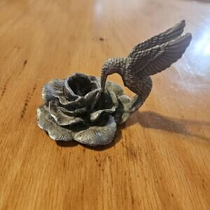 Metal Hummingbird Rose Figurine Pewter Tone Flower‎ Incense Holder Paperweight